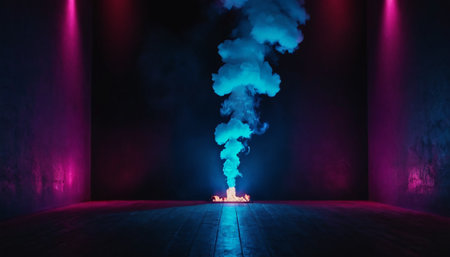 Conceptual image of smoke coming out of a dark room.の素材