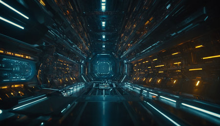 3D CG rendering of futuristic space station corridor with glowing lights.の素材