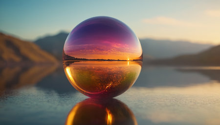 Crystal ball with sunrise reflected in the lake. Reflection of mountains in water.の素材