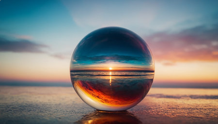 crystal ball with reflection of the sunset in the sea, beautiful photo digital pictureの素材
