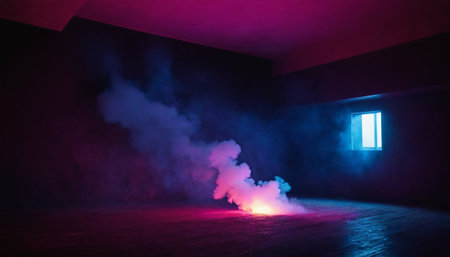 Puffs of smoke in a dark room. Smoke coming out of the door. Conceptual imageの素材