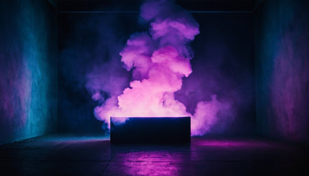 Mysterious dark room with wooden podium and purple smoke. 3D Renderingの素材