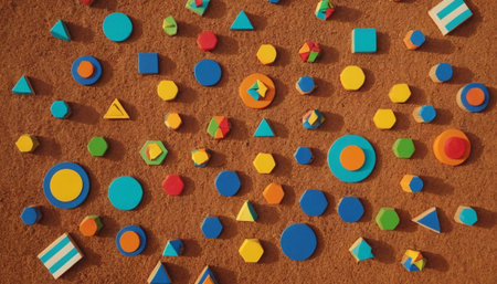 Wooden multicolored geometric shapes on a brown background. View from above.の素材