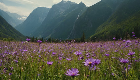 Beautiful alpine meadow with wild flowers in the mountains.の素材