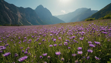 Beautiful summer landscape in the mountains. Field of purple flowers.の素材