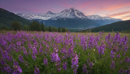 Beautiful alpine meadow with wildflowers and mountains in background at sunsetの素材