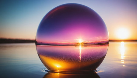 Crystal ball with reflection of sunset on water surface. Beautiful nature background.の素材