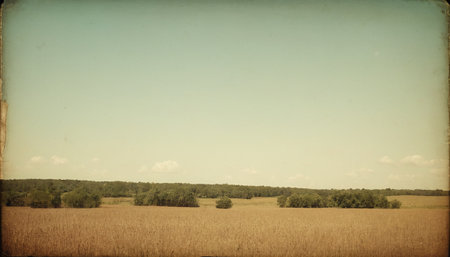Vintage rural landscape with wheat field and forest. Toned.の素材