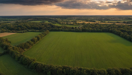 Aerial view of green fields and forests in the countryside at sunset.の素材