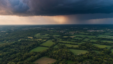 Aerial view of a thunderstorm over the fields and forests.の素材