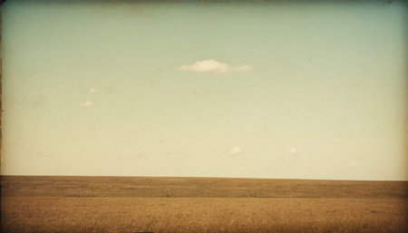 Vintage photo of dry grass field and blue sky with clouds.の素材
