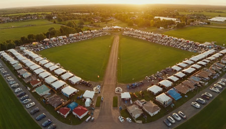 Aerial view of a campsite with tents in the countryside at sunset.の素材