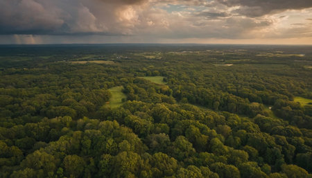 Aerial view of the green forest with dark clouds in the skyの素材