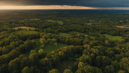 Aerial view of the green forest at sunset. Drone photography.の素材