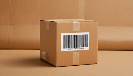 Cardboard box with barcode on brown background, 3d renderingの素材