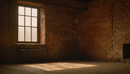 3d rendering of an empty room with old brick wall and windowの素材