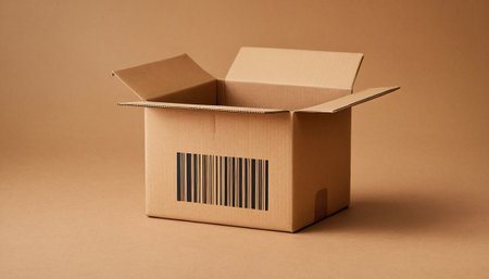 Cardboard box with barcode on a brown background. Close up.の素材