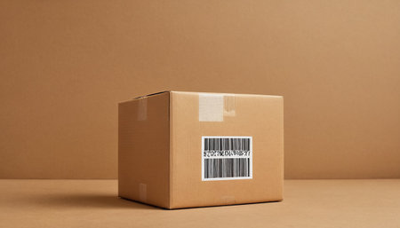 Brown cardboard box with barcode isolated on brown background. Copy spaceの素材