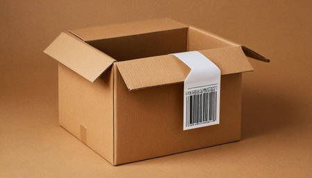 Cardboard box with barcode on brown background. Close-upの素材