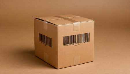 Brown cardboard box with barcode on a brown background. Copy spaceの素材