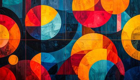 Abstract colorful geometric pattern on wooden background. Multicolored circles.の素材