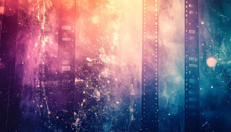 Colorful film strip with grunge effects. Abstract cinema background.の素材