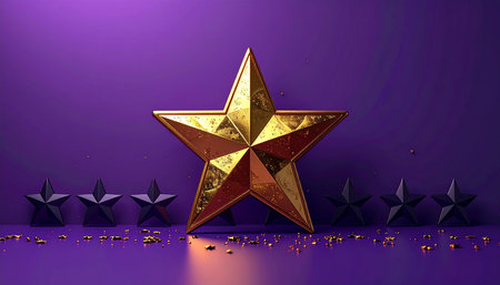 3d rendering of golden star on purple background with stars and confettiの素材