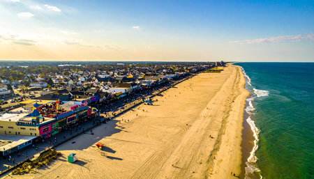 Aerial view of Brighton Beach at sunset, East Sussex, UKの素材