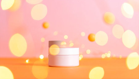 Cosmetic cream jar with bokeh lights on pastel backgroundの素材