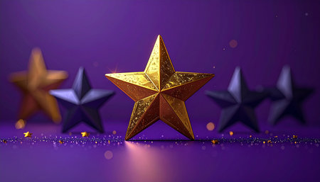 3d rendering of a gold star on purple background with confettiの素材