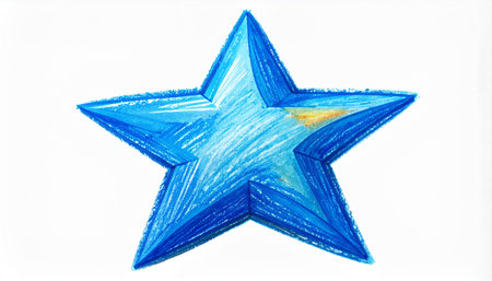 Blue star isolated on a white background. Hand-drawn illustration.の素材