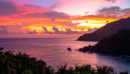 Sunset at the beach of the island of Seychellesの素材