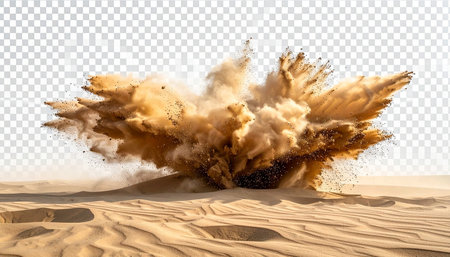 Sand explosion isolated on transparent background. 3d illustration. Sandstorm.の素材