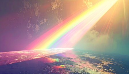 3D illustration of a fantasy planet with a rainbow in the skyの素材