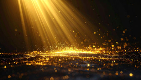 Golden glitter particles with bokeh light effect. Abstract background.の素材