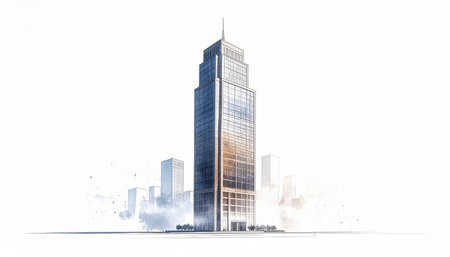 Modern cityscape with skyscrapers and cloudy sky. Mixed mediaの素材