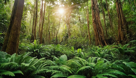 Tropical rainforest with ferns and sunlight in Australiaの素材