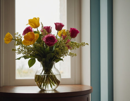 Bouquet of tulips in a vase on a window sillの素材