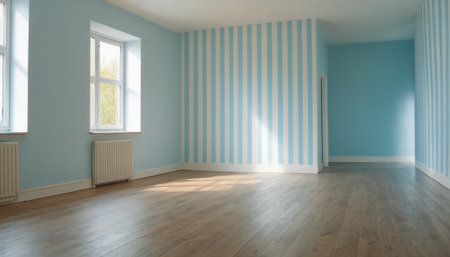 Empty room with blue wall and wooden floor. 3d rendering.の素材
