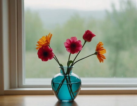 Bouquet of colorful flowers in a vase on the windowsillの素材