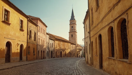 Panoramic view of a narrow street in the old town of Bologna, Italyの素材