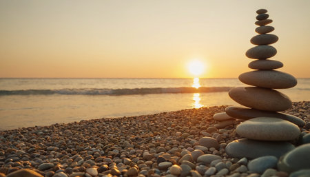 Stacked stones on the beach at sunset. Zen and harmony conceptの素材