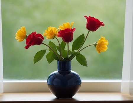 Bouquet of red and yellow tulips in a blue vase on the windowの素材