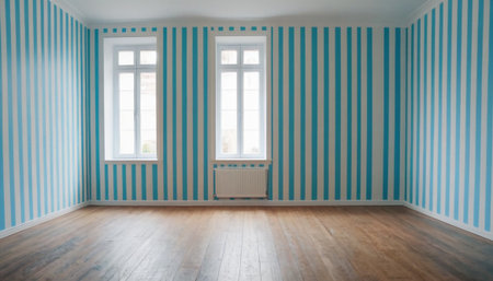 interior of the empty room with wooden floor and blue striped wallの素材