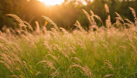 Grass in the meadow at sunset, soft focus background.の素材