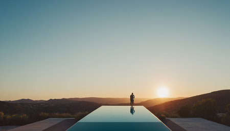 Silhouette of a man standing on the edge of a swimming pool at sunsetの素材