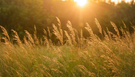 Sunset in the summer field. Golden grass in the morning.の素材