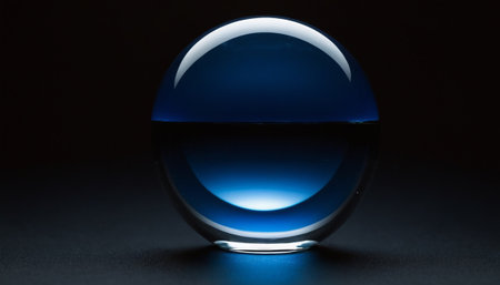 Transparent glass ball with blue reflection on black background, close upの素材