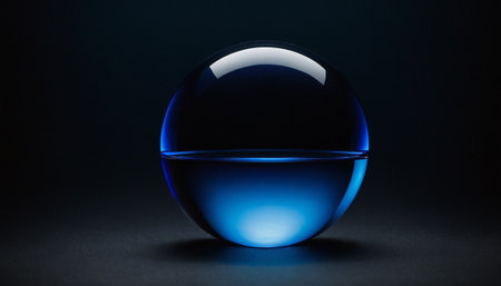 Transparent blue glass sphere on black background. 3D rendering.の素材