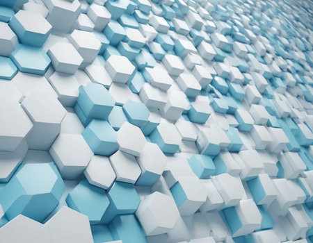 Abstract 3d render of hexagonal background with blue and white elementsの素材